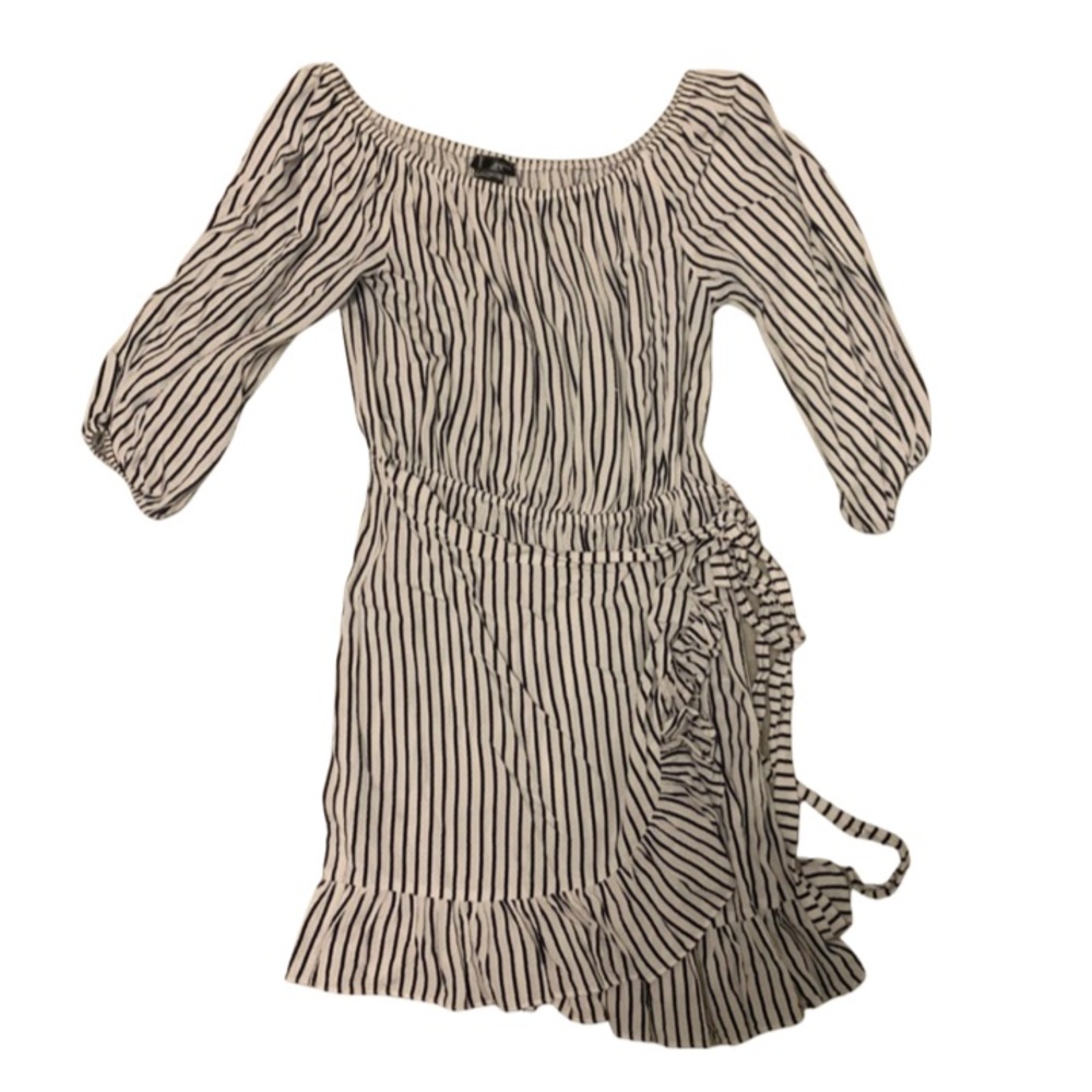 Bloomingdale’s Aqua Striped Off the Shoulder Ruffle Wrap Dress
